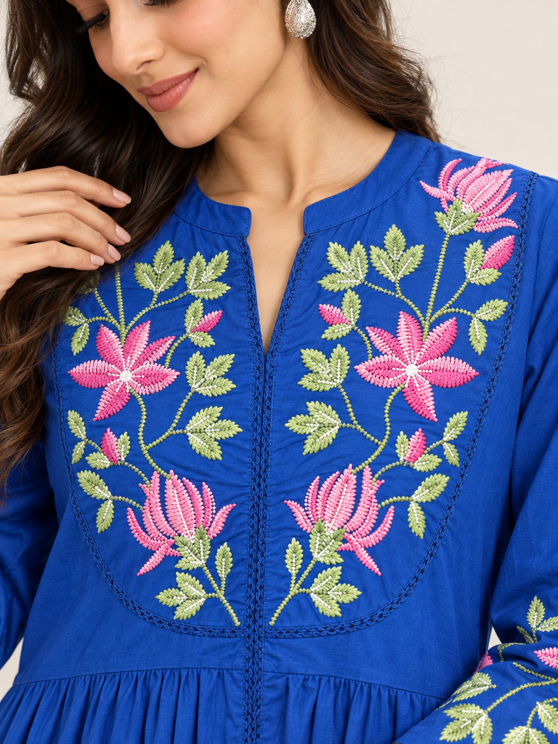 Blue Embroidered Cotton A-Line Midi Dress
