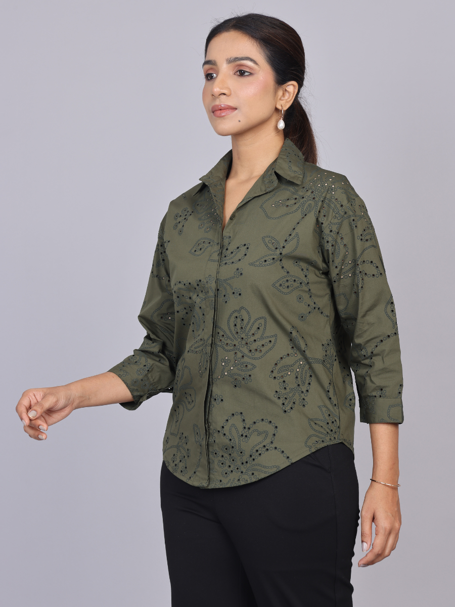 Deep Olive Cutwork Shirt