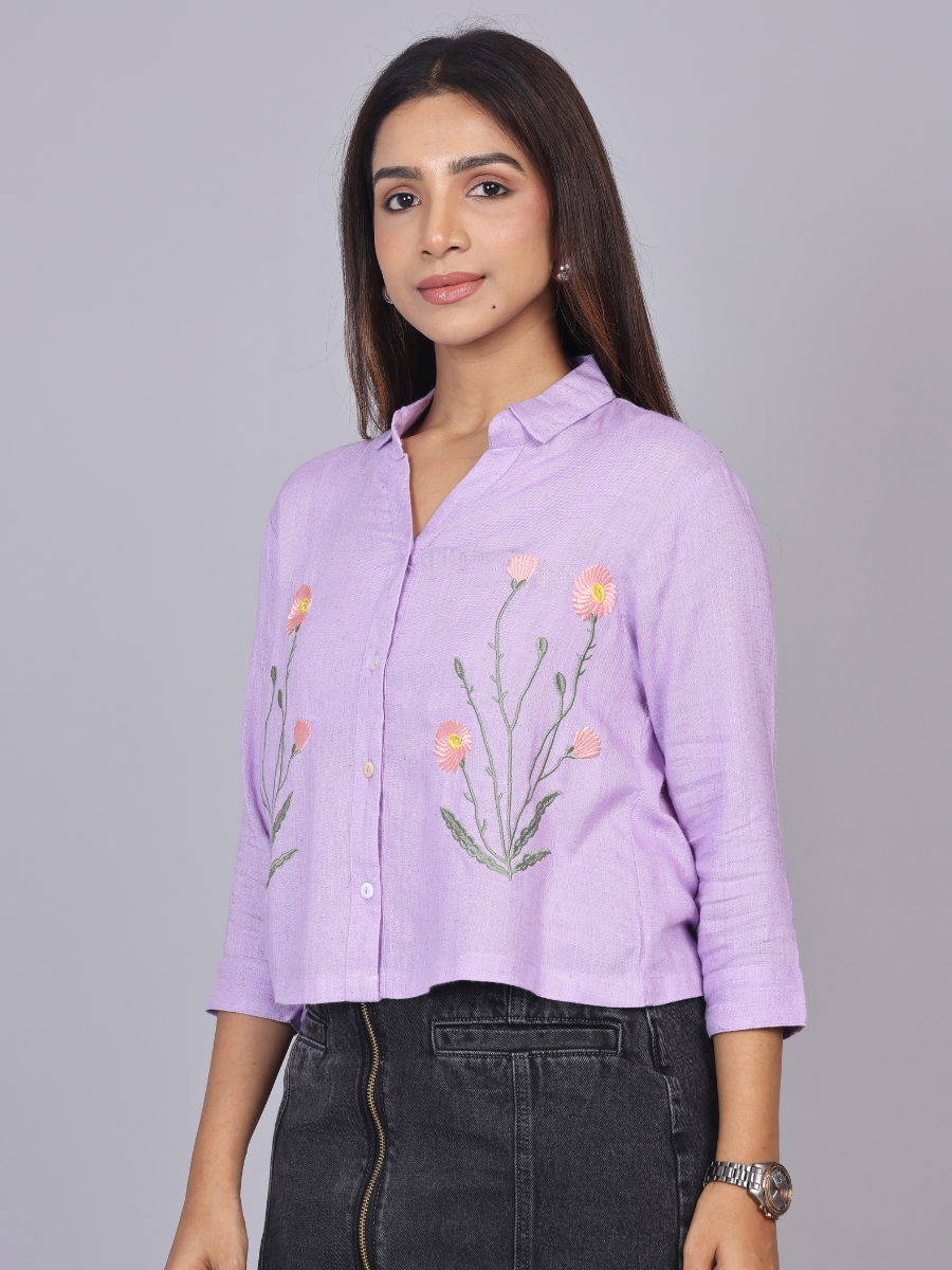 Lavender Blossom Embroidered Cotton Shirt