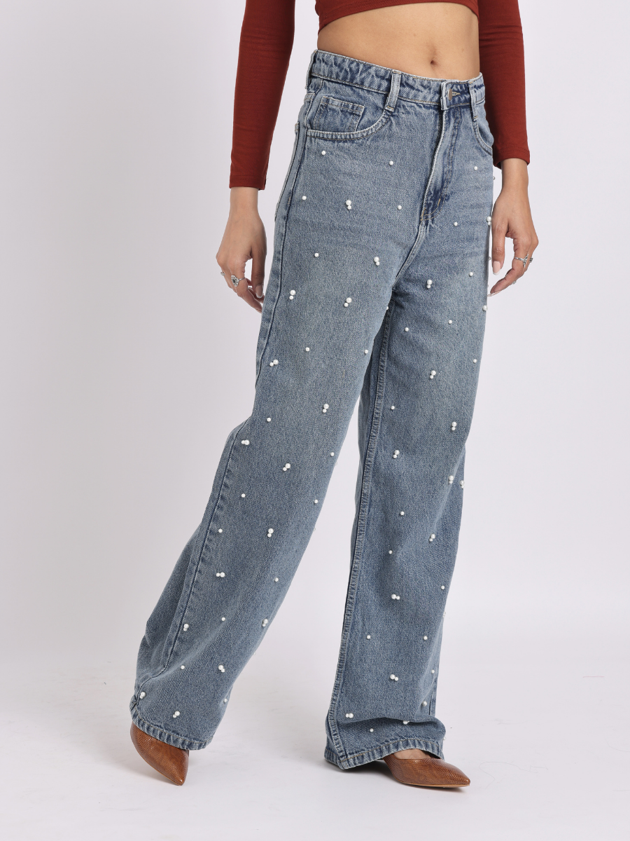 Mid-Rise Pearl-Studded Blue Denim Jeans