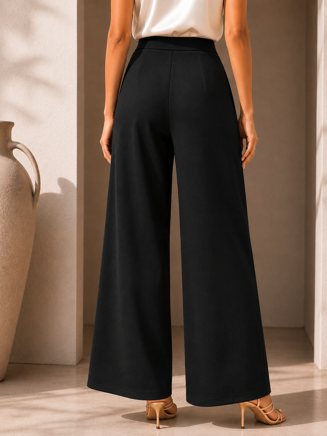 Black Luxe Rhinestone Embellished High-Rise Wide-Leg Trousers