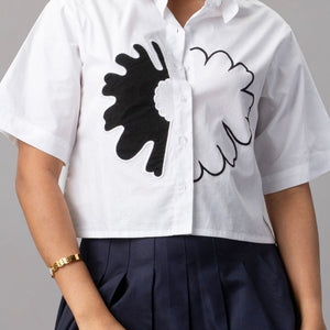 White Cropped Shirt with Black & White Flower Appliqué