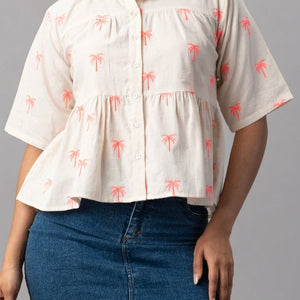 Palm Breeze Peplum Cotton Shirt - Pink