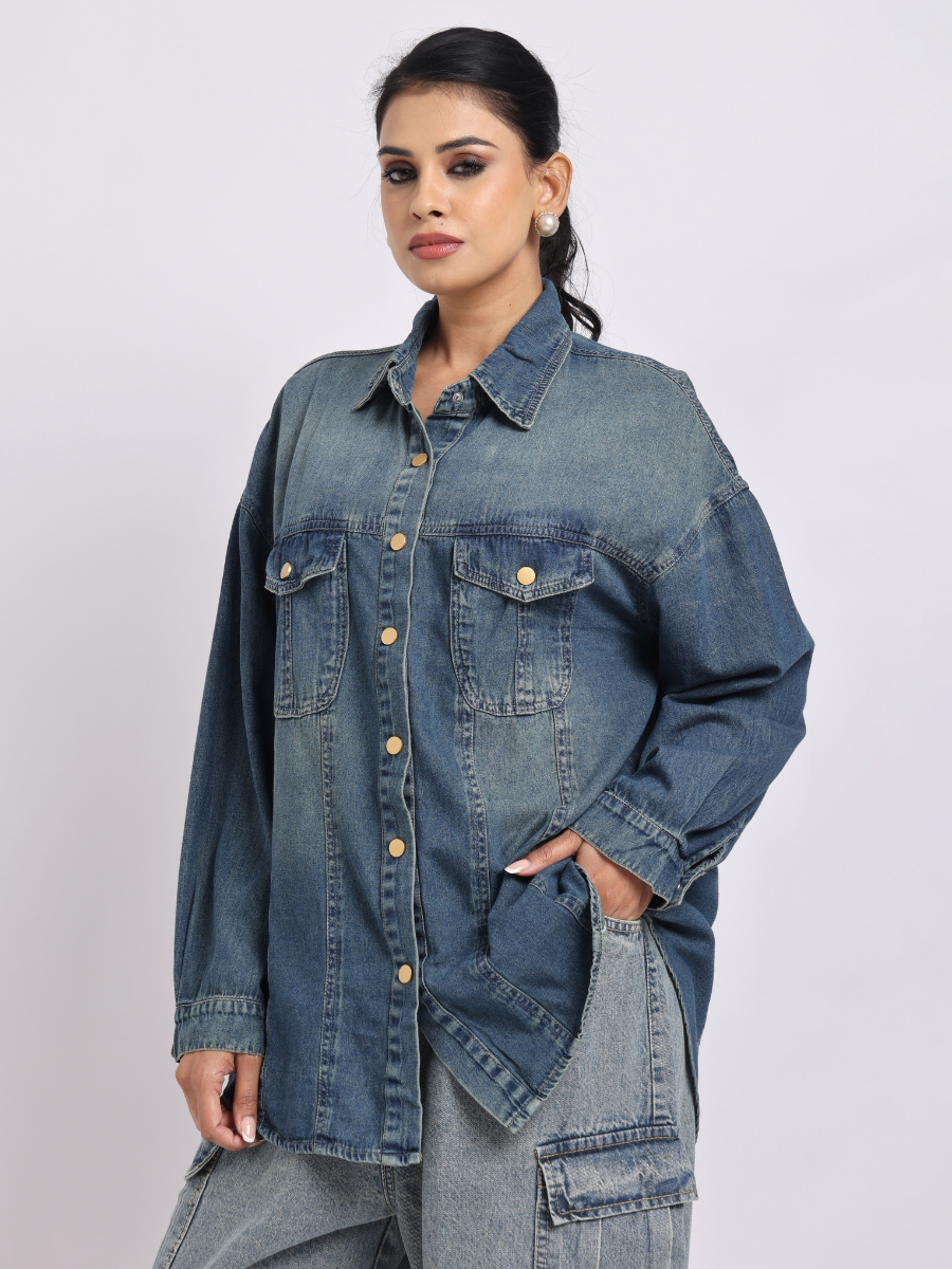 Mid Blue Oversized Denim Shirt with Dropped Shoulder