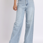 Light Blue Rhinestone-Embellished Wide-Leg Denim Jeans