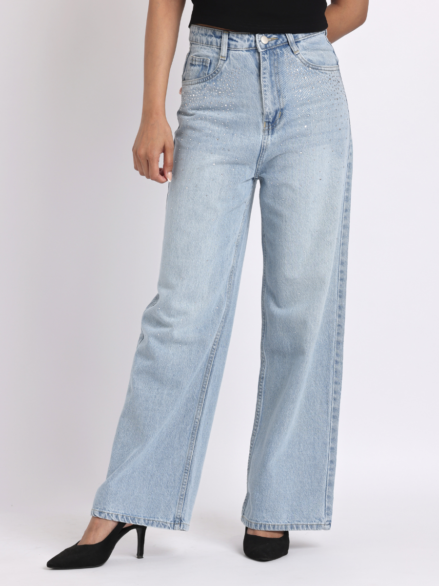 Light Blue Rhinestone-Embellished Wide-Leg Denim Jeans