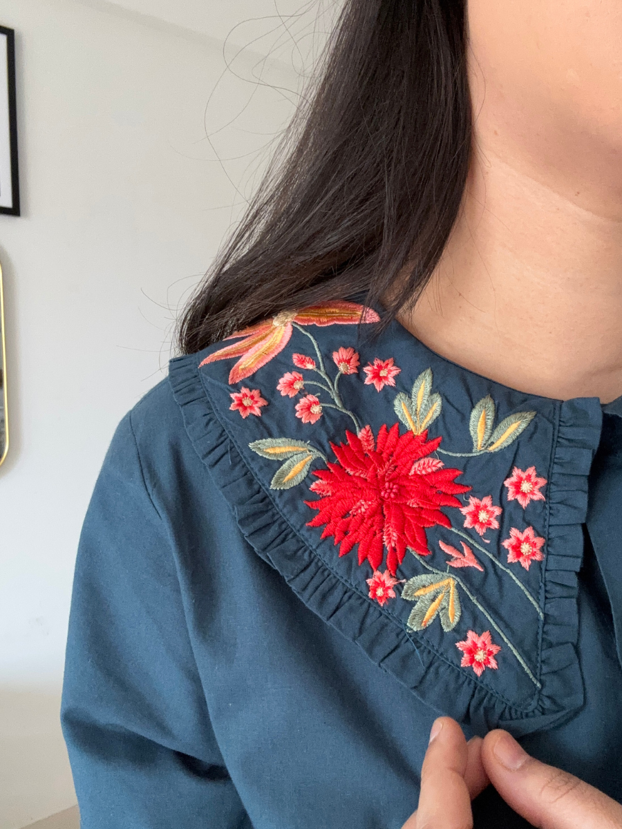 Embroidered Blue Collar Dress