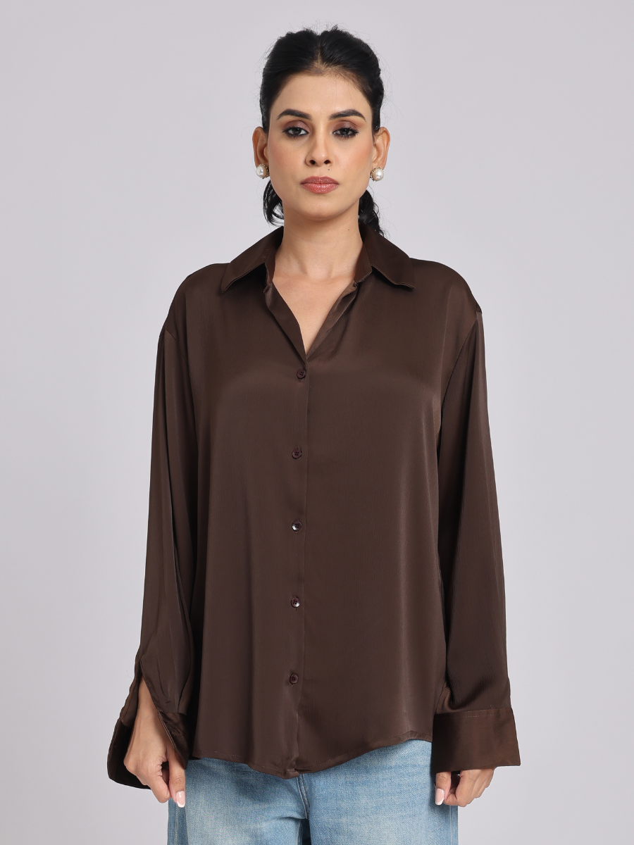 Rich Mocha Satin Long-Sleeve Shirt