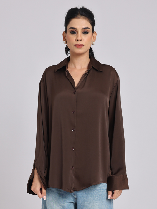 Rich Mocha Satin Long-Sleeve Shirt