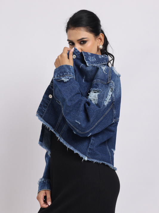 Blue Distressed Cropped Denim Jacket
