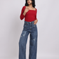 Dark Blue Distressed Rhinestone Wide-Leg Denim Jeans