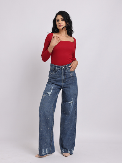 Dark Blue Distressed Rhinestone Wide-Leg Denim Jeans