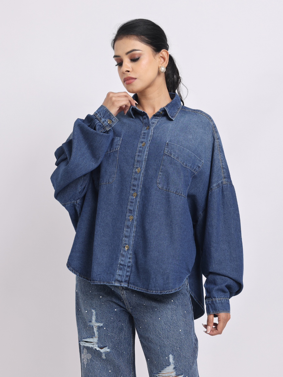 Oversized Dark Blue Denim Shirt with Dropped Shoulder