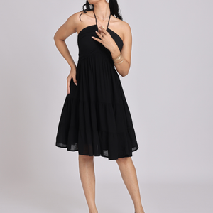 Black Halter-Neck Tiered Midi Dress