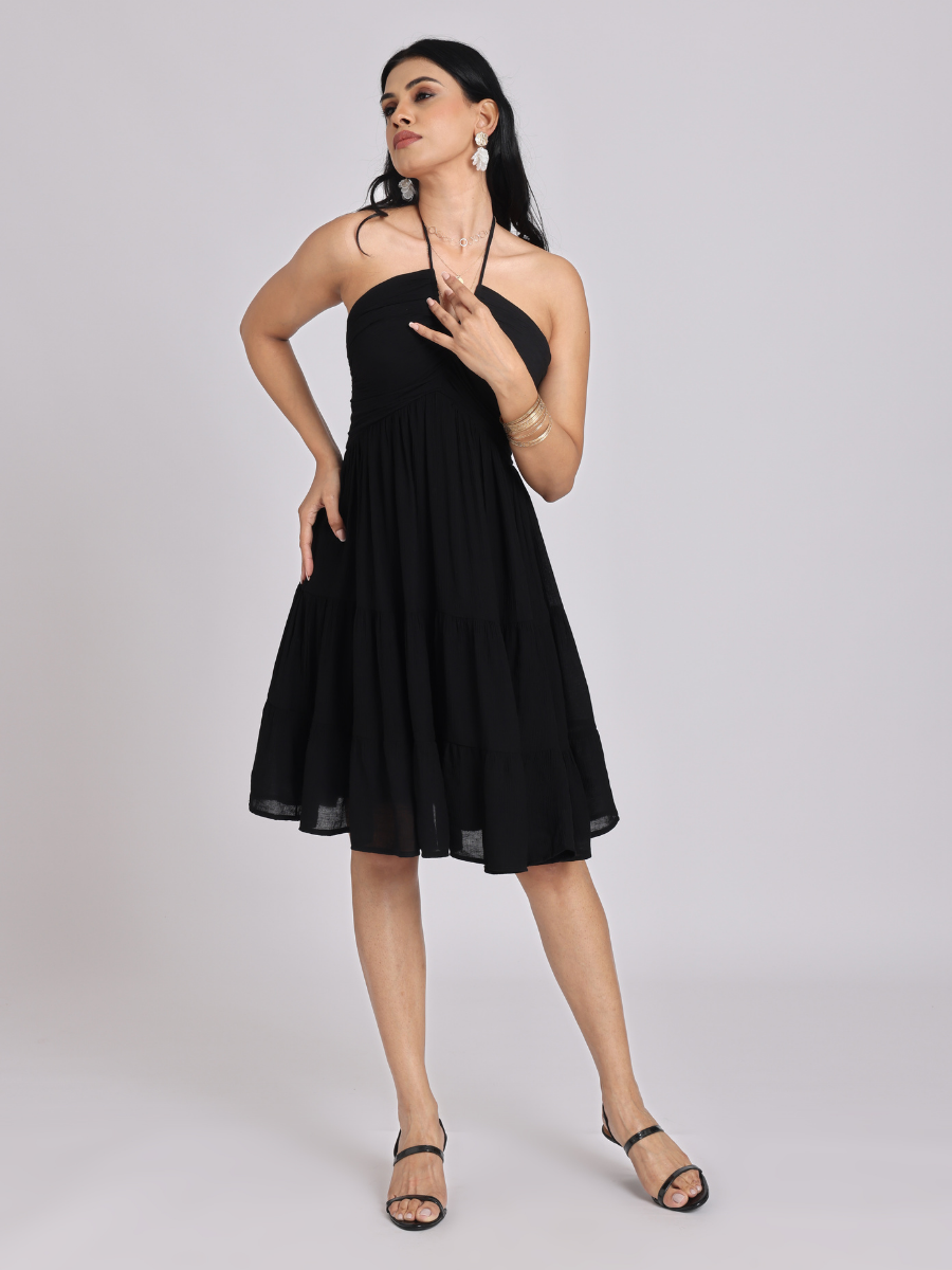 Black Halter-Neck Tiered Midi Dress