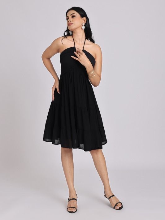 Black Halter-Neck Tiered Midi Dress