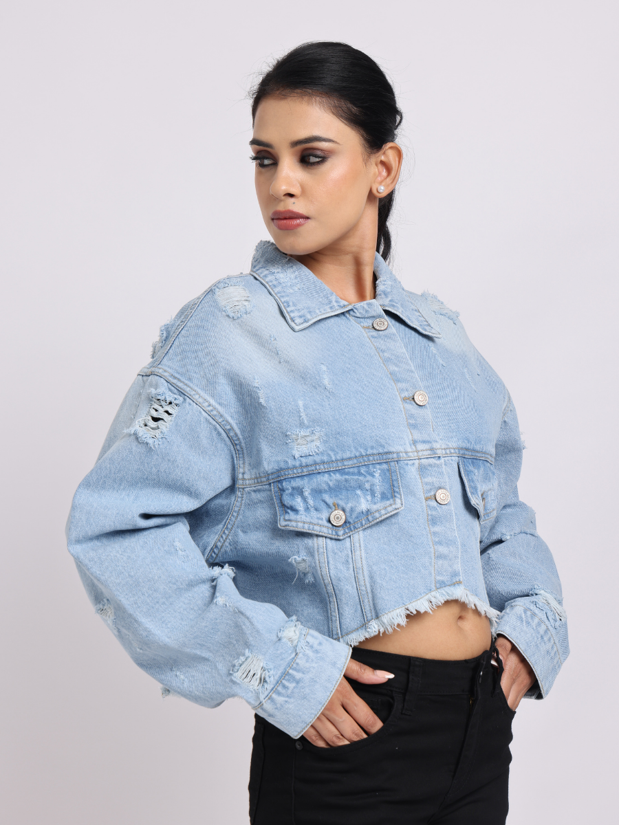 Light Blue Distressed Cropped Denim Jacket