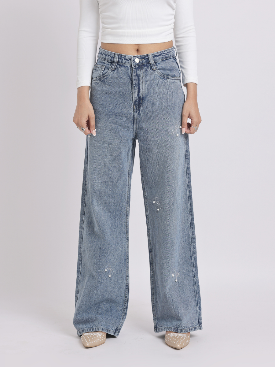 Vintage Light Blue Pearl Bow Straight-Fit Denim Jeans