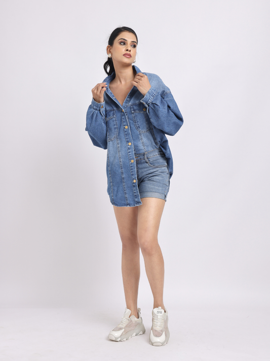 Light Blue Oversized Denim Shirt with Dropped Shoulder