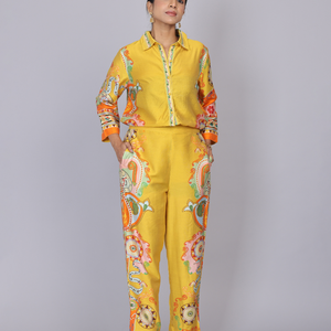 Yellow Silk Co-Ord Set with Floral Print