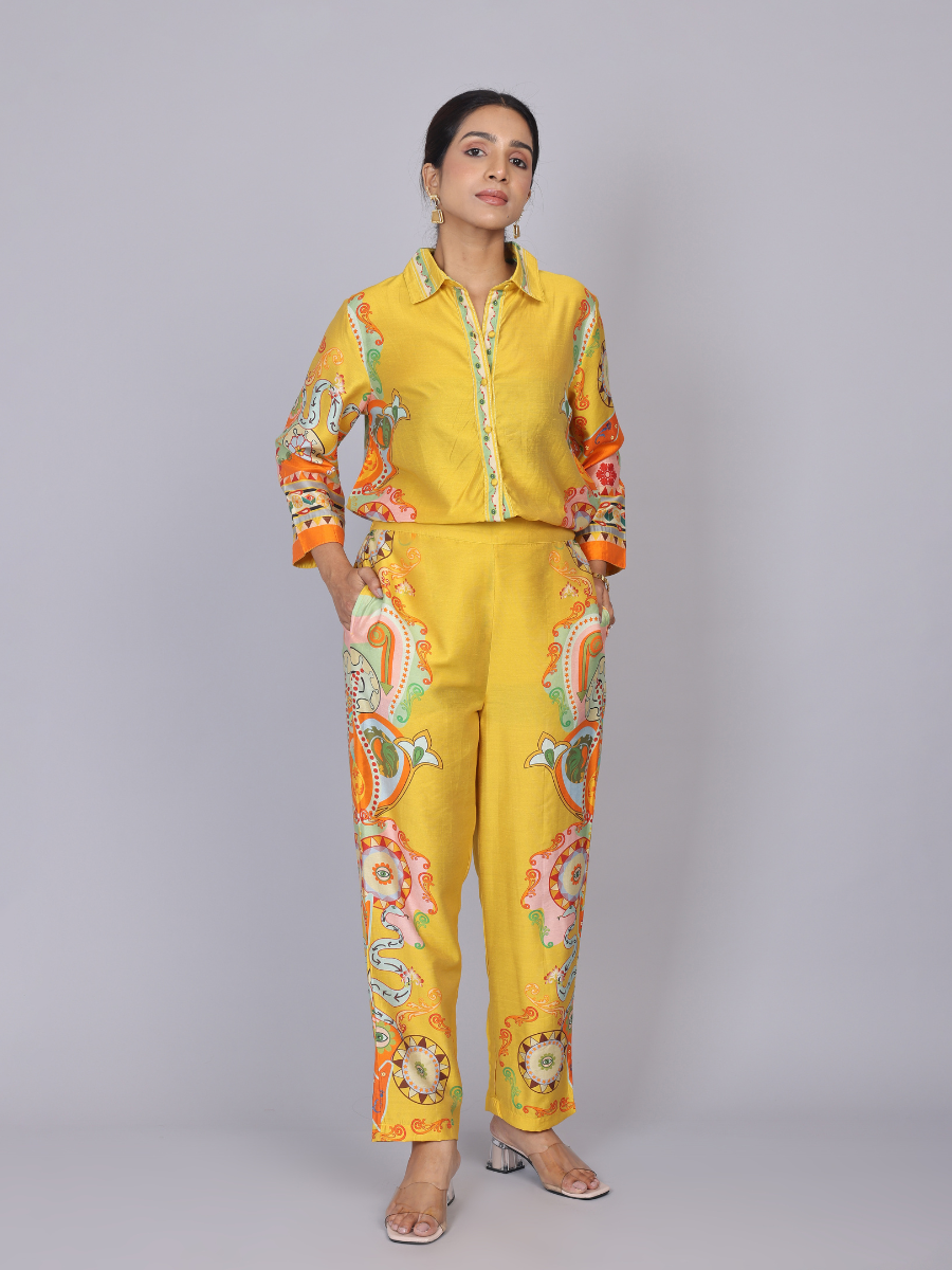 Yellow Silk Co-Ord Set with Floral Print