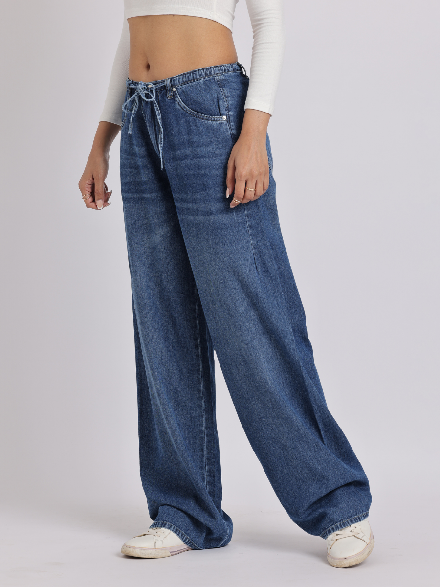 Blue Drawstring Waist Wide-Leg Denim Jeans