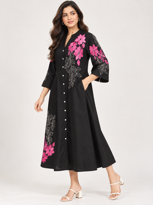 Black Embroidered Cotton A-Line Midi Dress