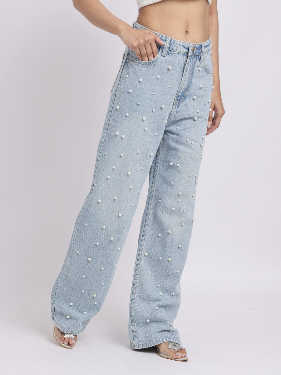 Light Blue Pearl-Embellished Wide-Leg Denim Jeans