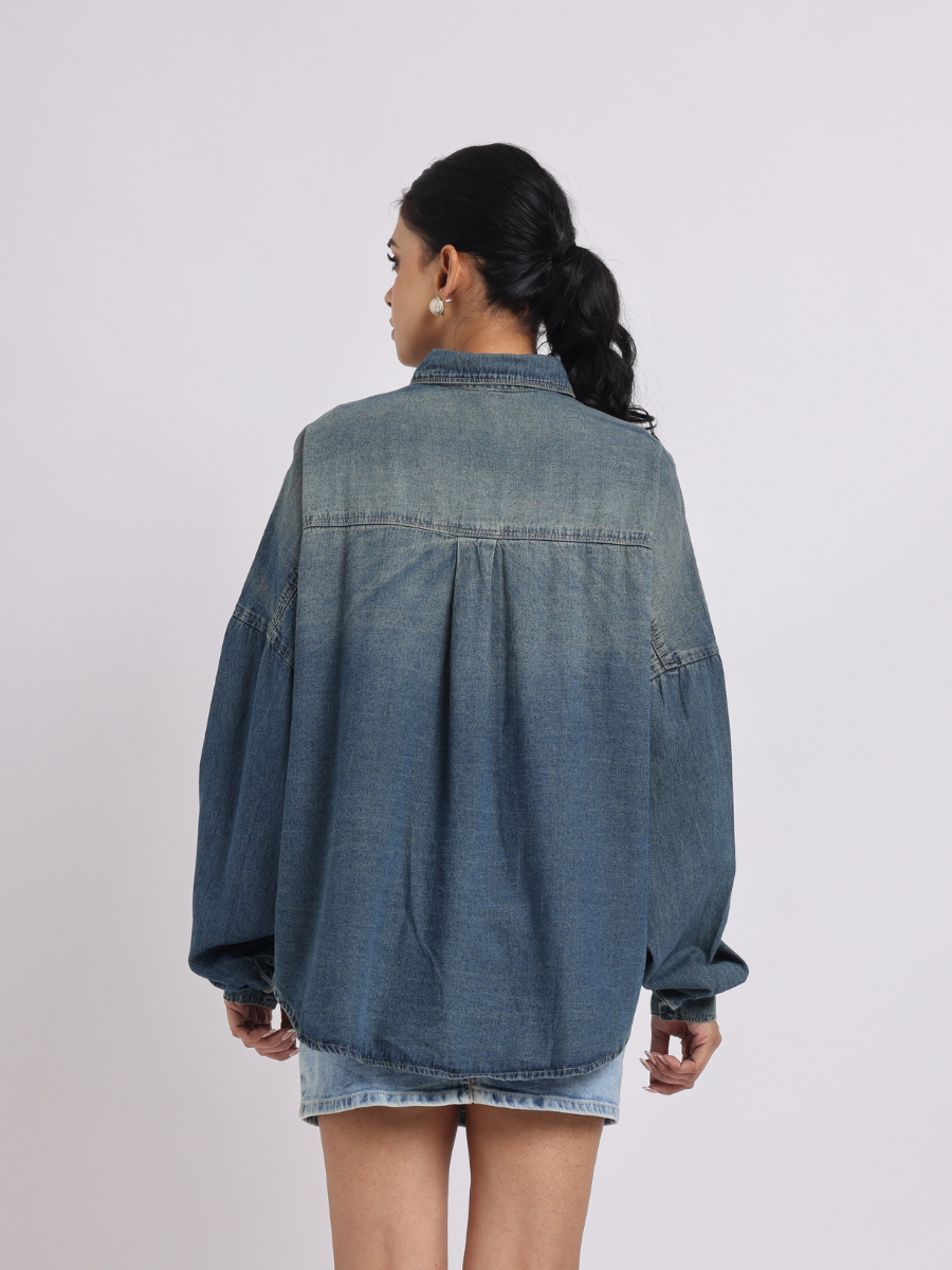 Oversized Dark Mid Blue Denim Shirt with Dropped Shoulder