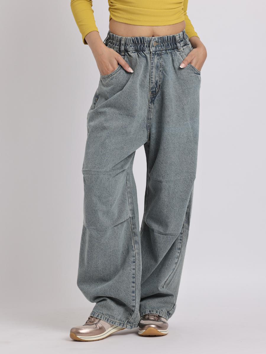 Grey Elastic Waist Wide-Leg Denim Jeans