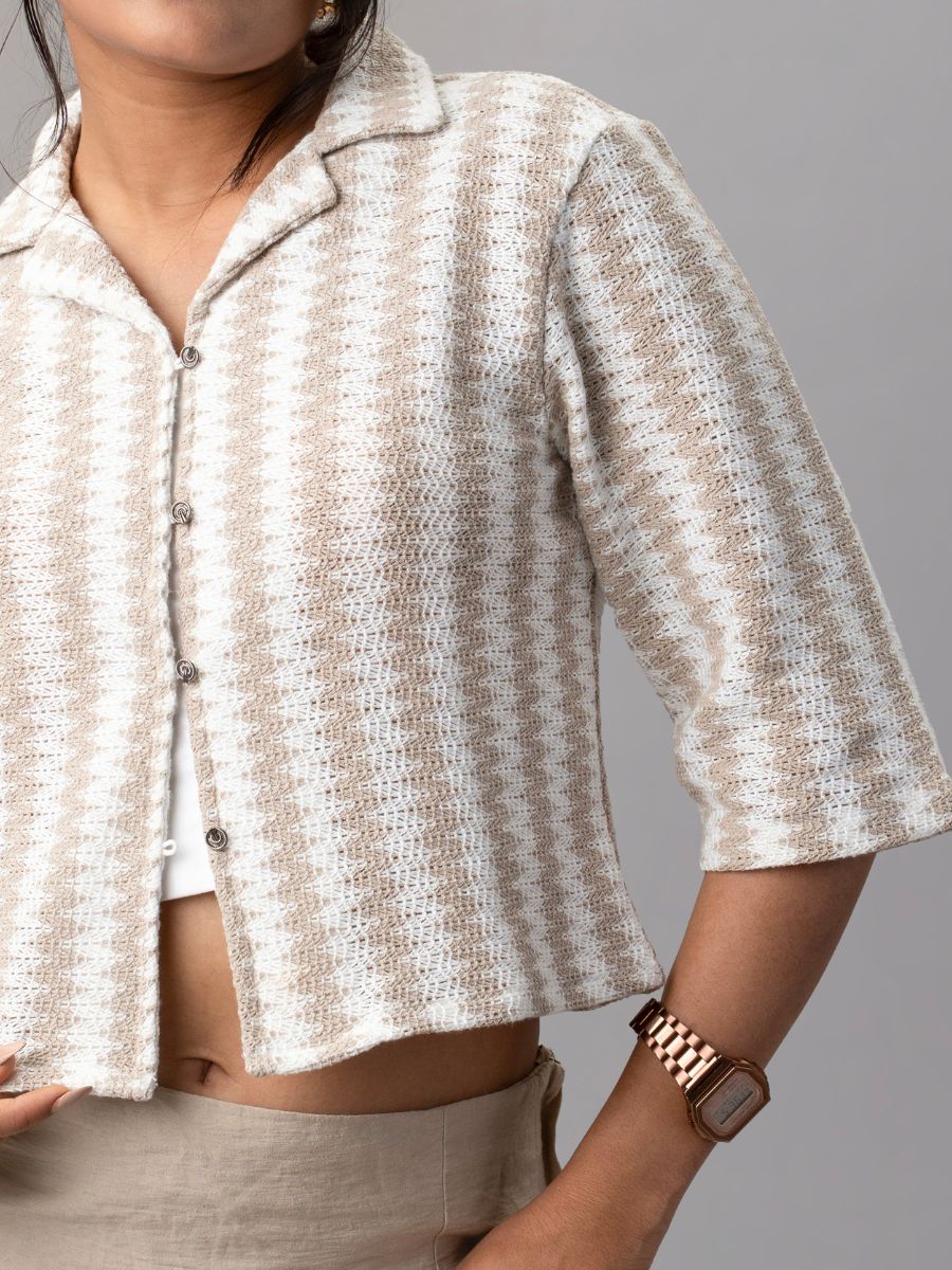 Beige Houndstooth Knit Crop Shirt