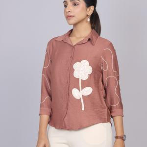Blush Terra Brown Petal Embroidered Shirt