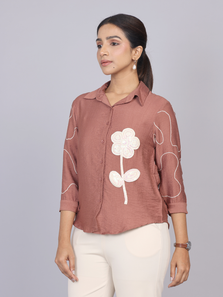 Blush Terra Brown Petal Embroidered Shirt
