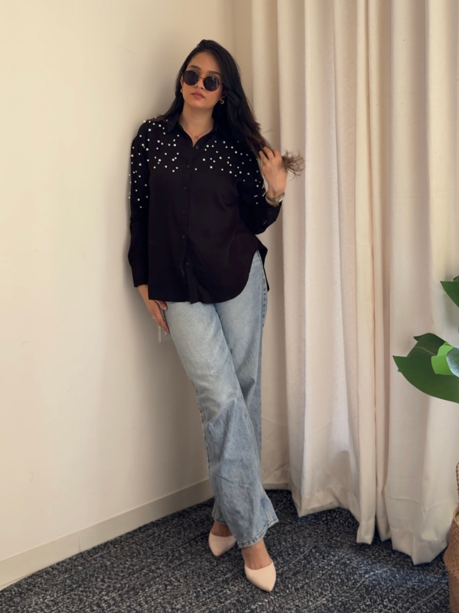 Black Boyfriend-Fit Pearl & Diamond-Embellished Shirt