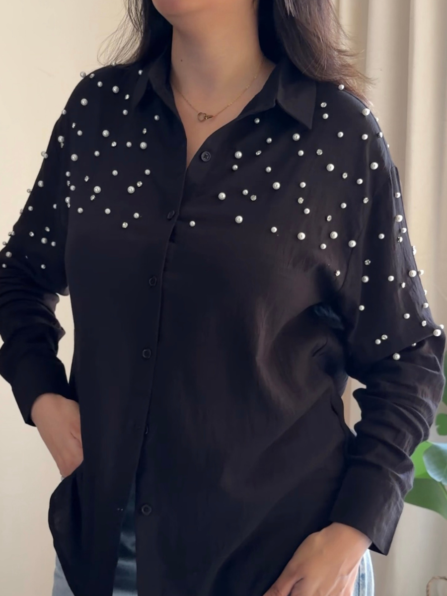 Black Boyfriend-Fit Pearl & Diamond-Embellished Shirt