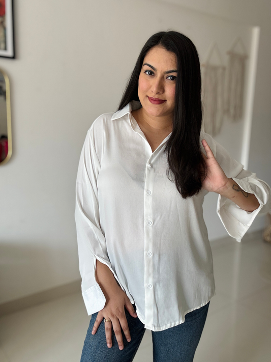 Elegant White Satin Collared Shirt