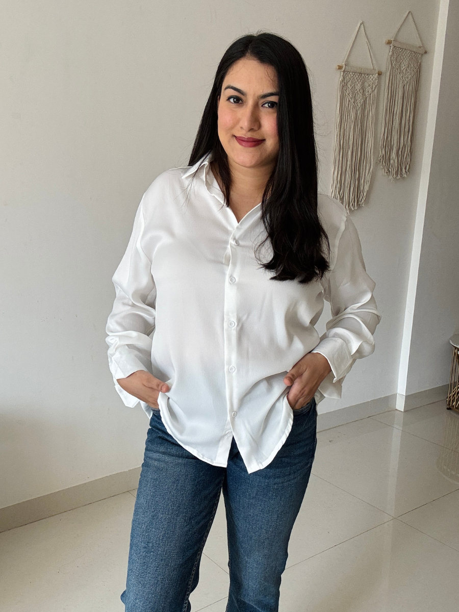 Elegant White Satin Collared Shirt