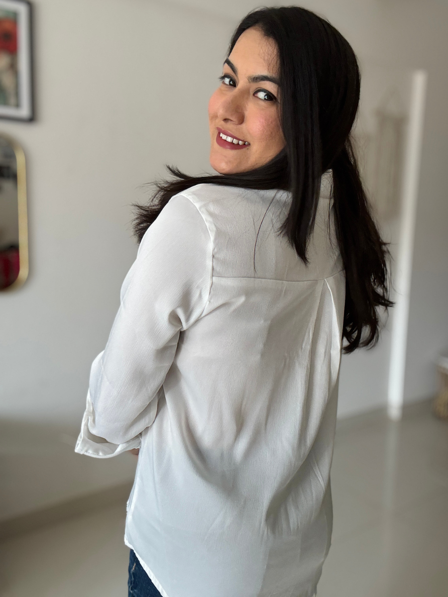 Elegant White Satin Collared Shirt