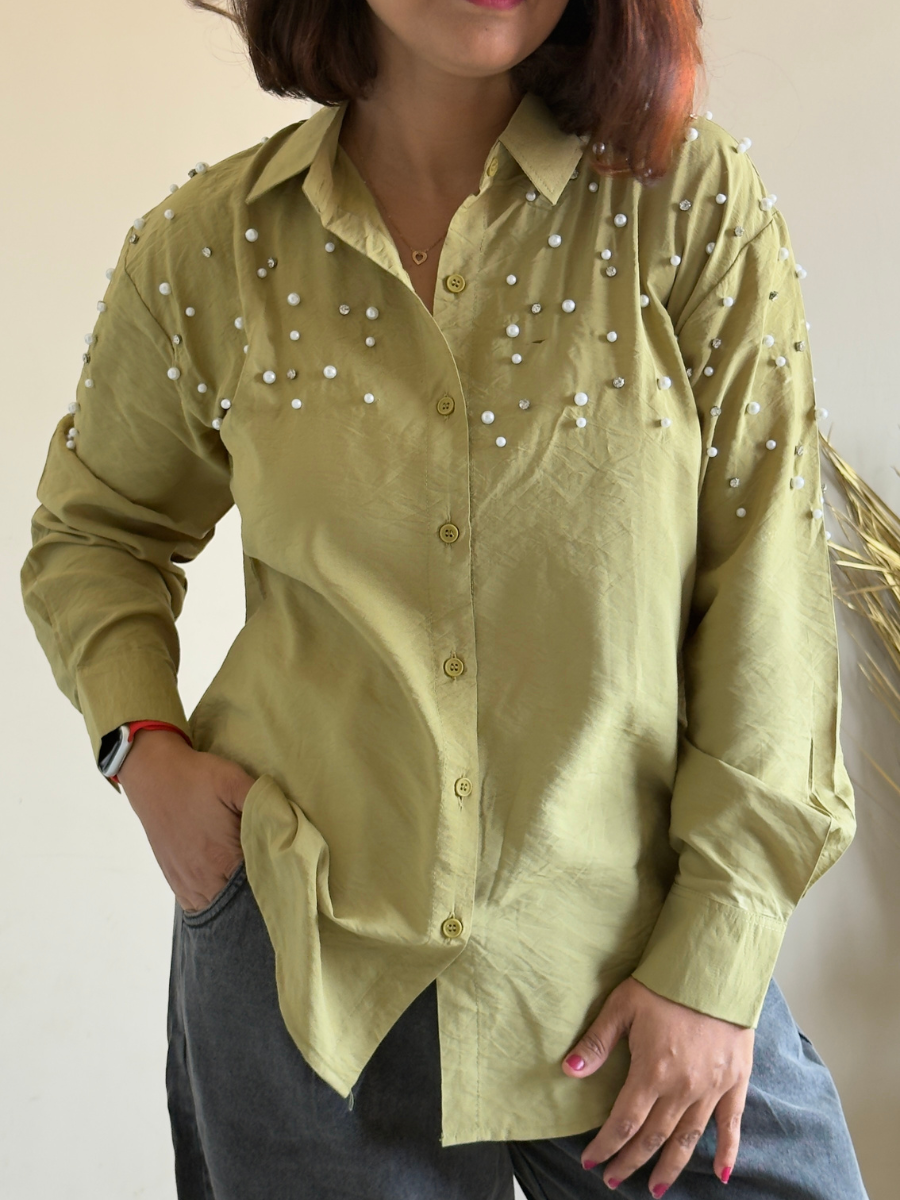 Olive Green Fit Pearl & Diamond-Embellished Shirt