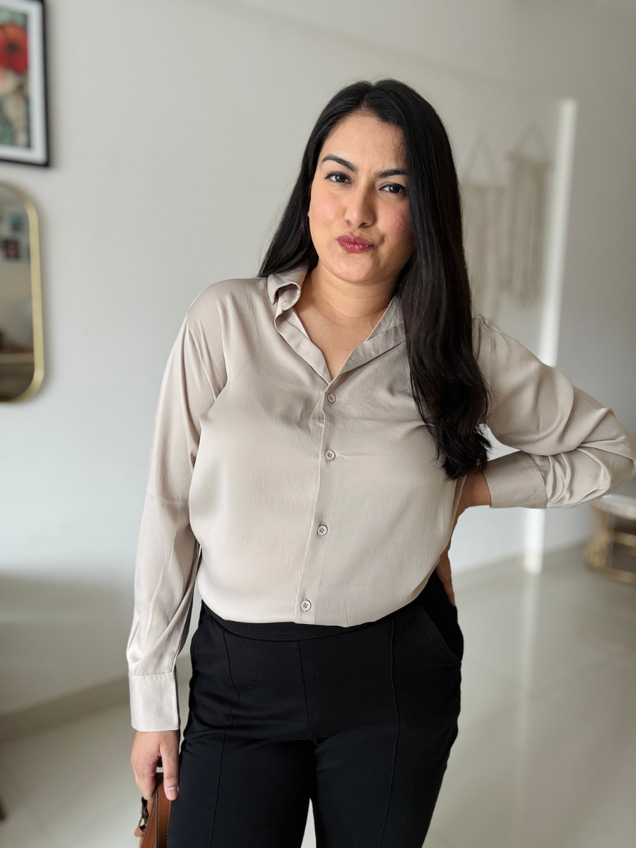 Beige Premium Flowy Satin Oversized Shirt
