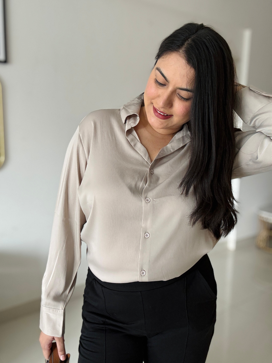 Beige Premium Flowy Satin Oversized Shirt