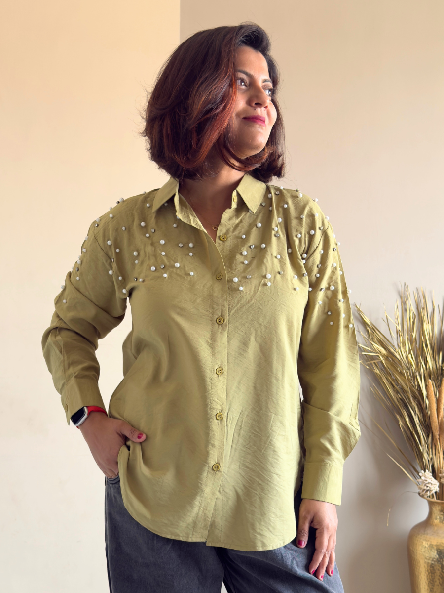 Olive Green Fit Pearl & Diamond-Embellished Shirt