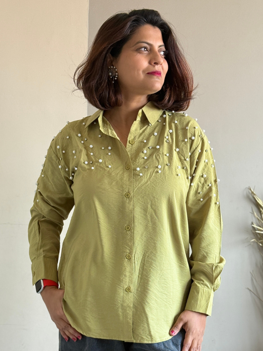 Olive Green Fit Pearl & Diamond-Embellished Shirt