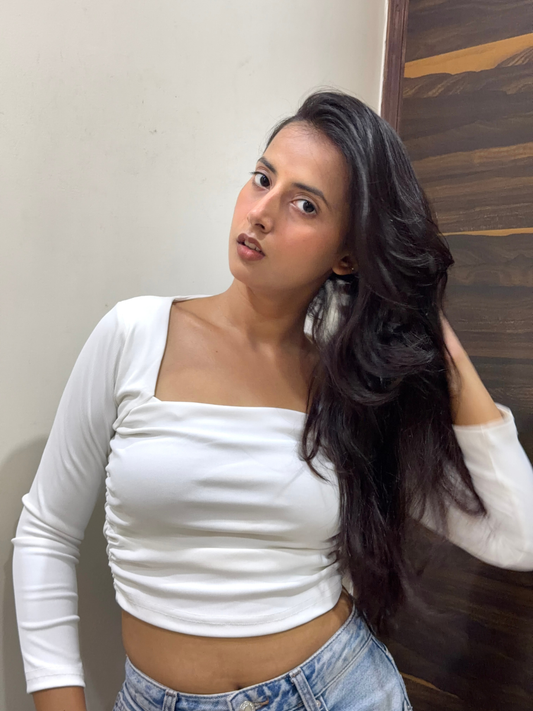 White Side Elastic Ruched Crop Top