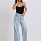 Light Blue Rhinestone-Embellished Wide-Leg Denim Jeans