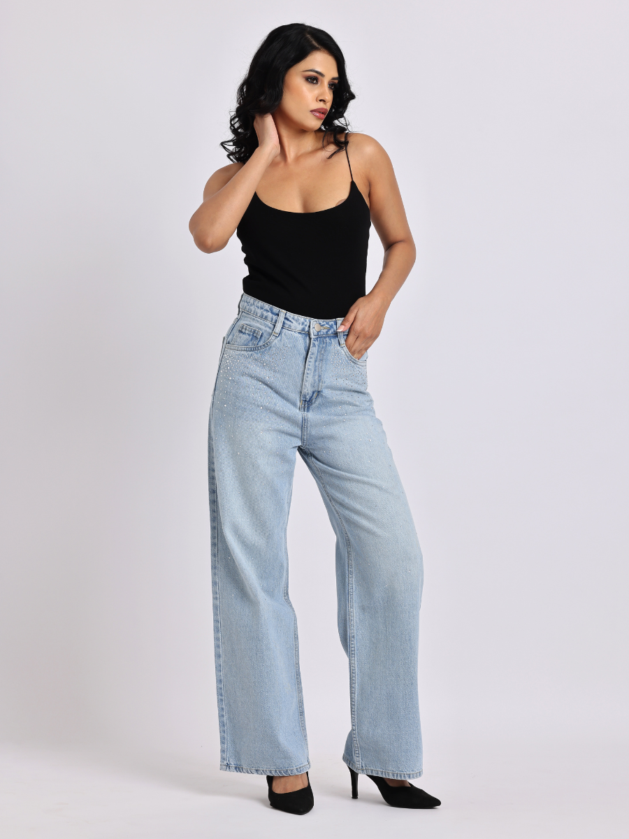 Light Blue Rhinestone-Embellished Wide-Leg Denim Jeans