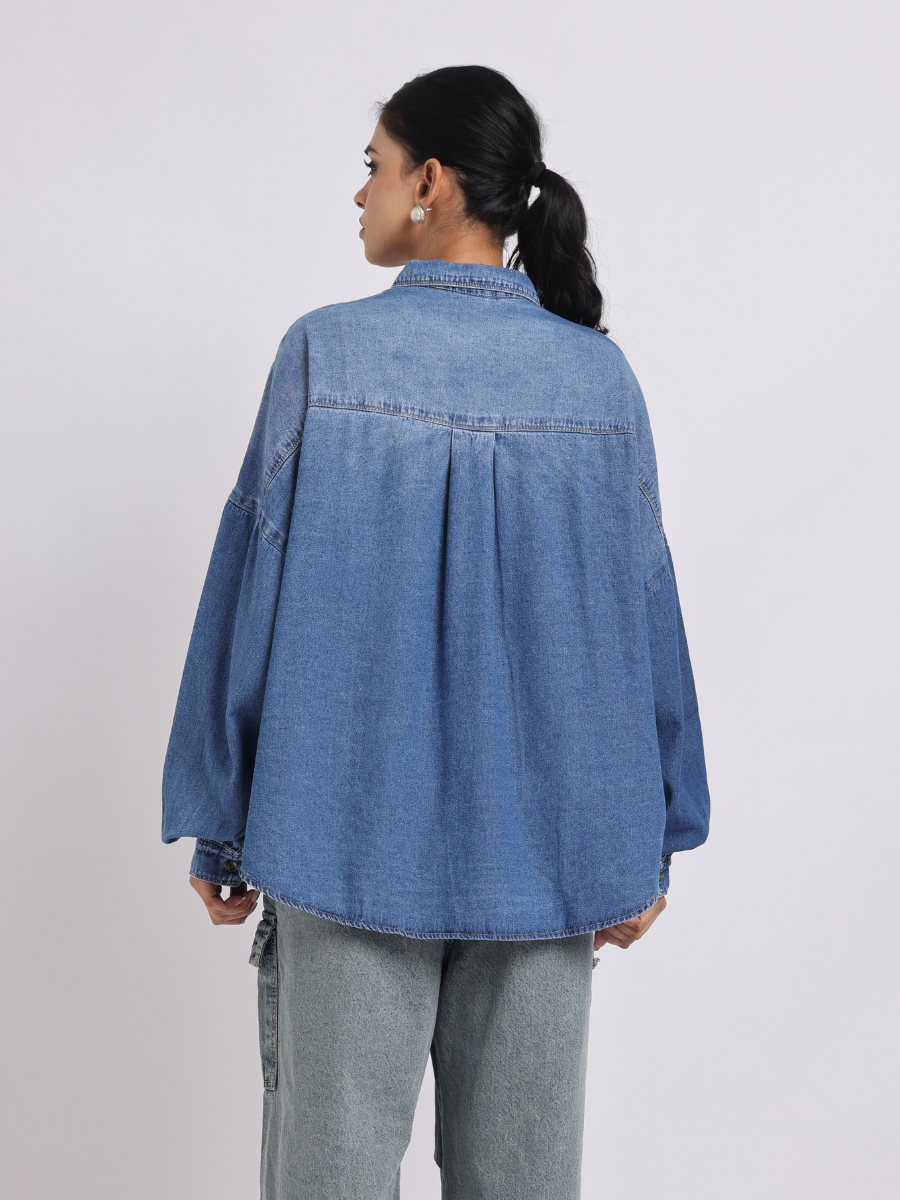 Oversized Blue Denim Shirt with Dropped Shoulder