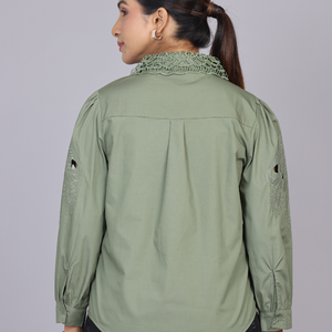 Olive Cutwork Embroidered Cotton Shirt