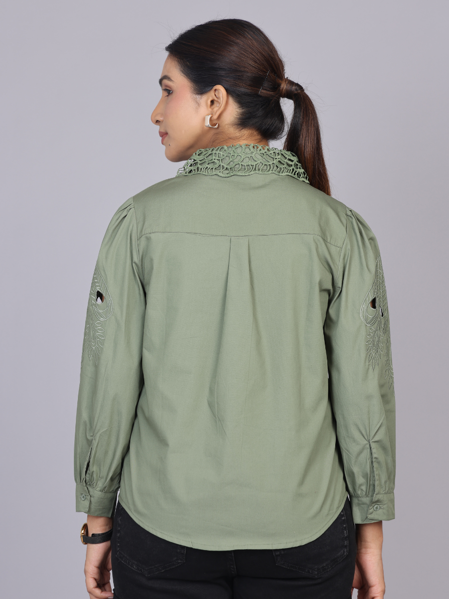 Olive Cutwork Embroidered Cotton Shirt