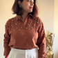 Brown Fit Pearl & Diamond-Embellished Shirt